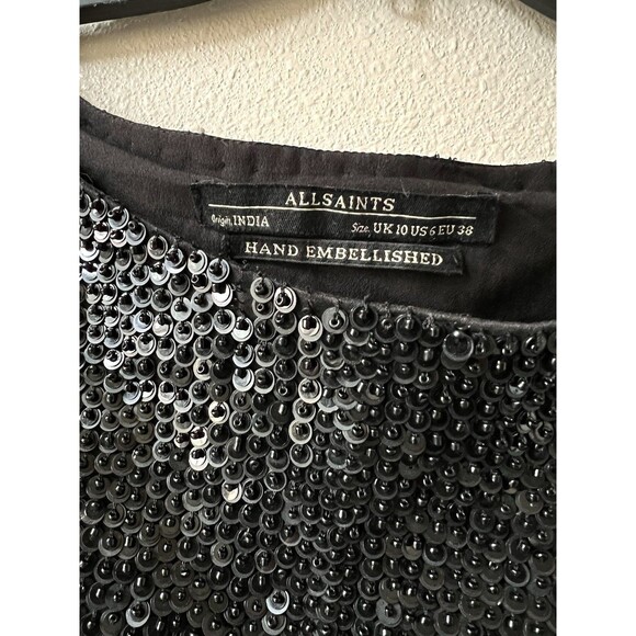 All Saints Black Sequin Mini Dress Size 6 Hand Embellished Sleeveless Beaded - Picture 2 of 6